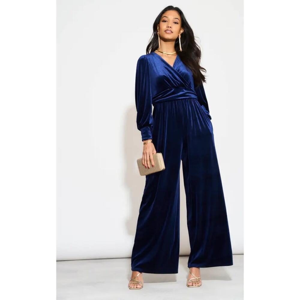 Chapter London Ava Velvet Wide Leg Jumpsuit Blue Holiday Party Size 8